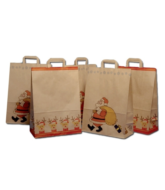 Art. EGONAT1, Shoppers in carta Kraft, colore avana, tema: Renne e Babbo Natale.